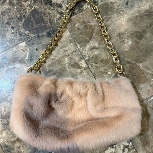 Elegant Tan Fur Women Bag with Gold Chain